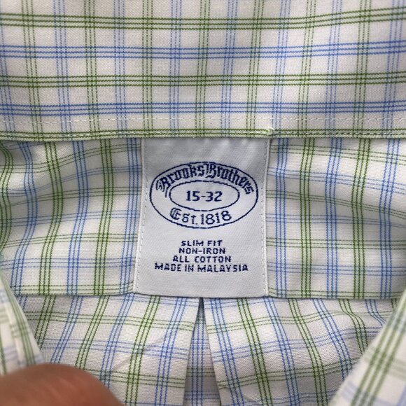 Brooks Brothers Button Up Shirt Men 15-32 Slim Fit Non-Iron White Green Check - Picture 4 of 9